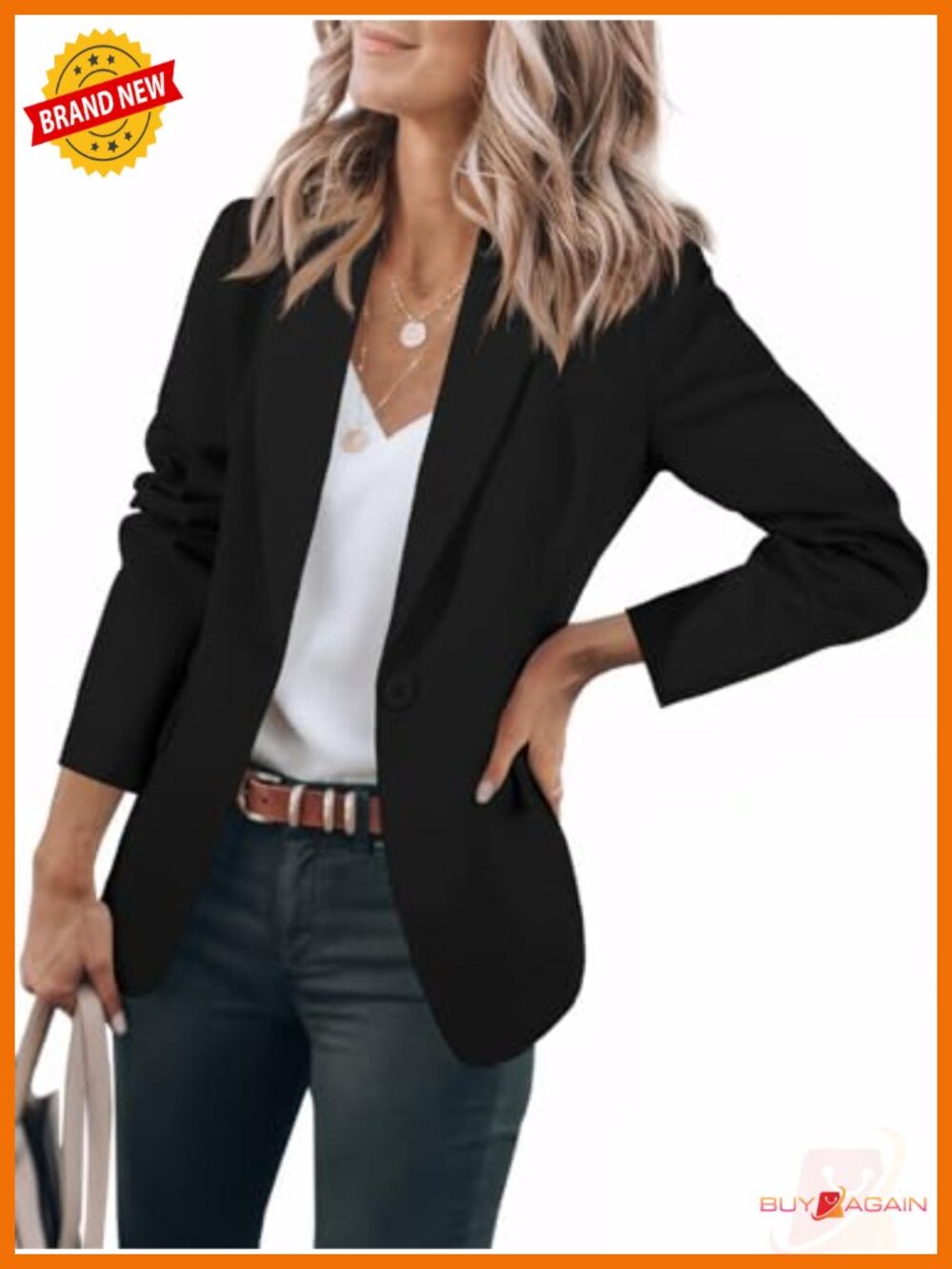 Womens Open Front Blazer Long Sleeve One Button Slim Fit Suit Jacket Work Office